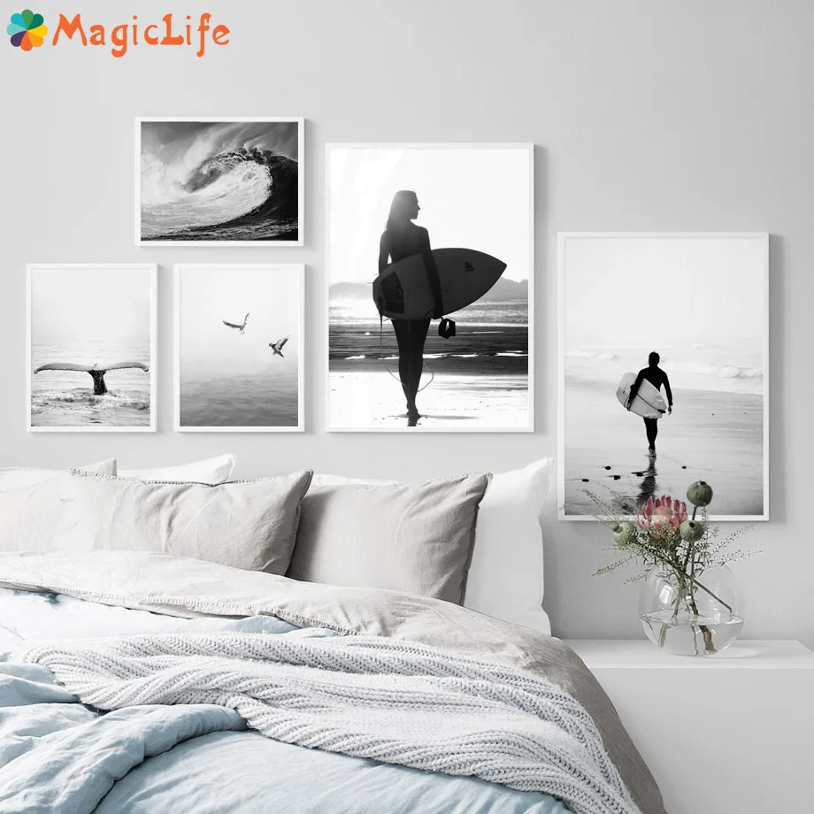 Черно белая девушка доска для серфинга пляжный Декор Чайка настенное Искусство