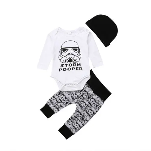 Newborn Baby Boys Cartoon Long Sleeve Tops Romper Pants Hat Outfits Set Size 0-18M
