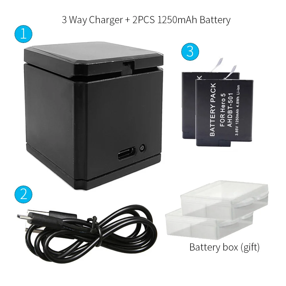Charger x2 batteries TUYU для GoPro Hero 7 Black Hero 6 5 Cam 3-ходовое зарядное устройство и 3 комплект аккумуляторов для хранения зарядки с заменяемой батареей - Цвет: Charger x2 batteries