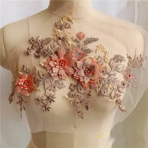 Orange 41CM X 26CM Lace Flower 3D Embroidery Flower Bridal Lace Applique Pearl Beaded Tulle Wedding Dress Embroidery Broderie DIY - Цвет: Orange