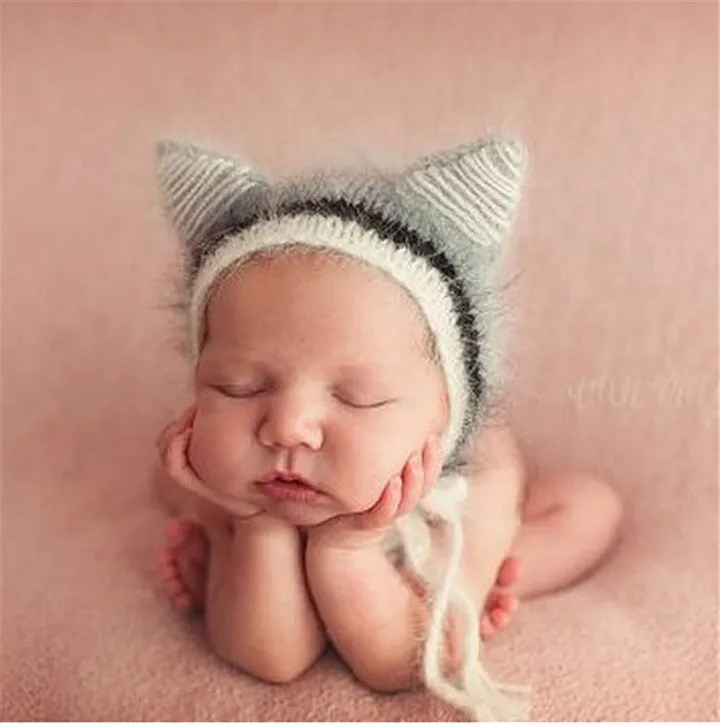 Новинка, мохер для вязания крючком, детская шапка Kawaii с изображением животных, вязаная детская шапка для мальчика, реквизит для фотосессии, аксессуары для фотографирования новорожденных - Цвет: gray