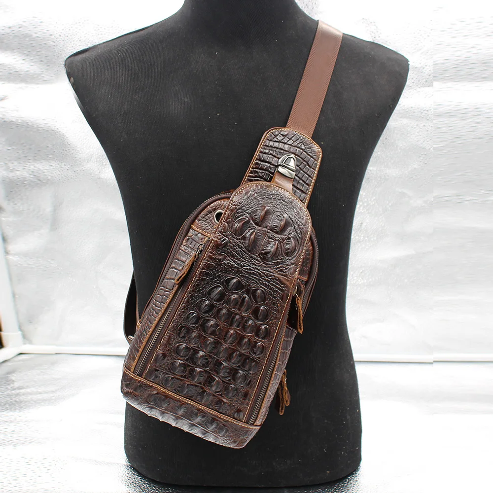 

Men Genuine Leather Single Back pack Shoulder Messenger Bag Crocodile Grain Travel Sling Chest Rucksack Top Quality