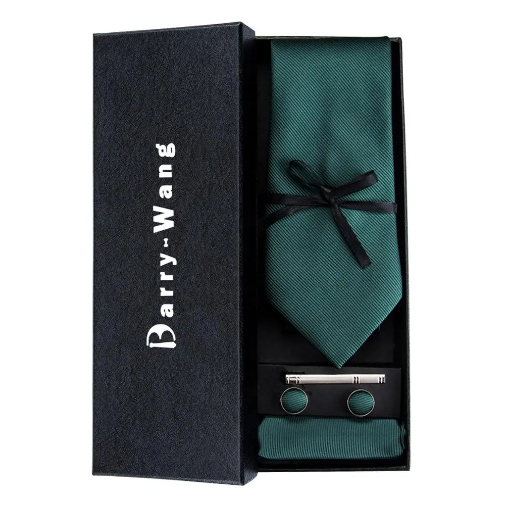 

TS-830 Barry.Wang 2018 Men's Ties Necktie Hanky Cufflinks Sets With Gift Box Green Solid Ties For Men Wedding Bueiness Party