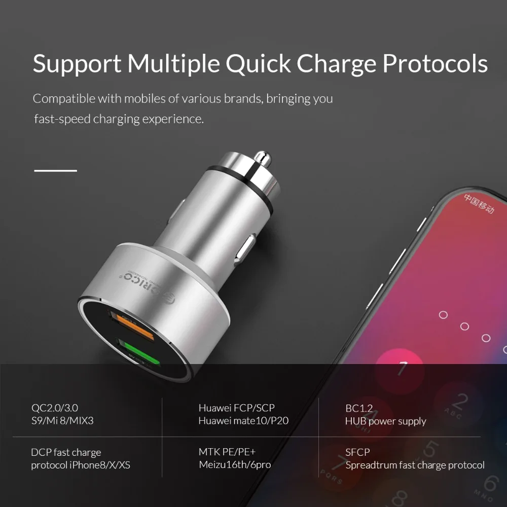 ORICO QC3.0 Смарт Двойной зарядное устройство USB для iPhone USB Quick Charge 3,0 автомобильным зарядным устройством для huawei samsung S9 Xiaomi Mi8 автомобиля-Зарядное устройство