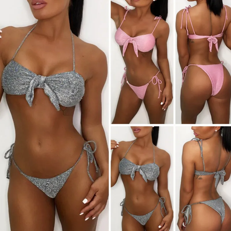 Сексуальное блестящее бикини, набор,, горячая распродажа, Женская повязка с бантом, пуш-ап, купальник, пляжная одежда, Одноцветный бикини, купальник с лямкой на шее, низкая талия