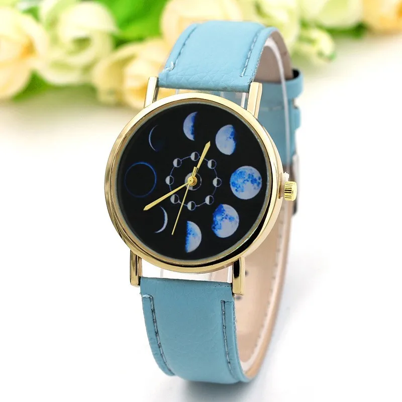 Солнечные Moon Phase лунные часы Eclipse женские стильные кварцевые часы с кожаным браслетом часы для женщин часы Relogio masculino - Цвет: light  blue