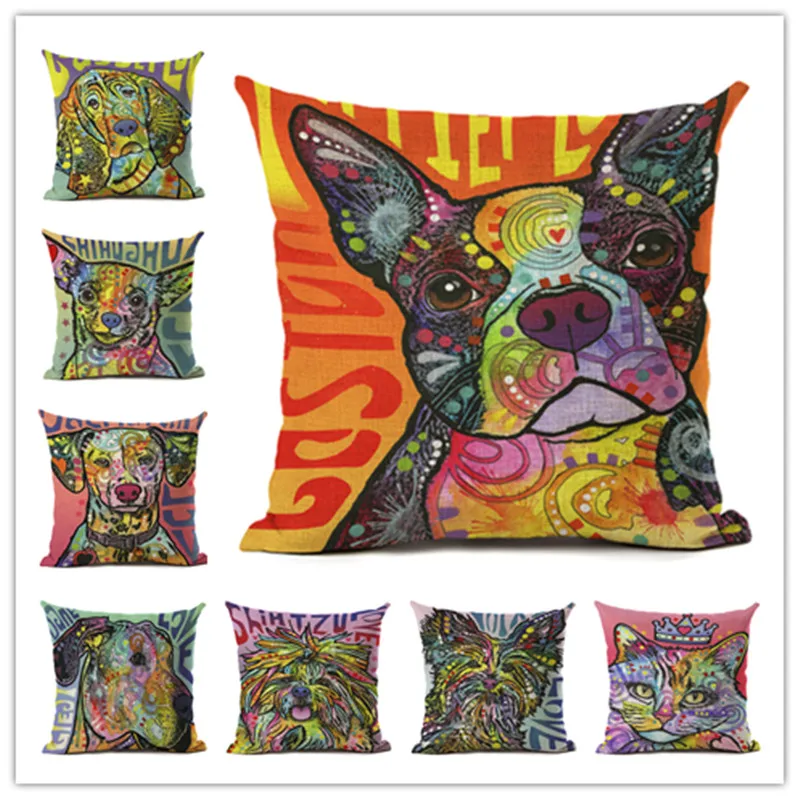 Мультяшный стиль Цветная собака 2 с принтом льняной Хлопковый чехол для подушки