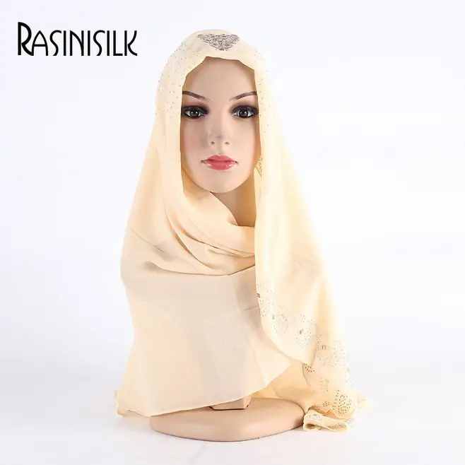 Летние шифоновые мусульманские квадратные шарфы Hijabs с изысканным Чешский горный хрусталь шаблон Дамы Длинный шаль на голову исламский 95x100 см