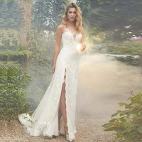 eightale boho wedding dress beach appliques side split lace bride dress illusion back wedding gowns vestidos de novia 2019