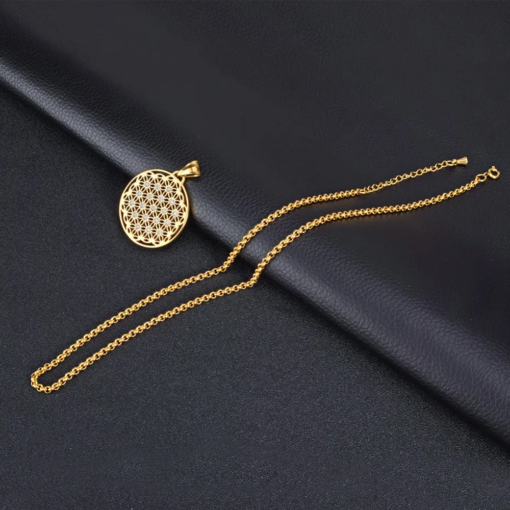 

SOITIS Rhinestone Pendant Necklace Flower of Life Stainless Steel Jewelry Beads Chain for Women Gold/Rose Gold Choker