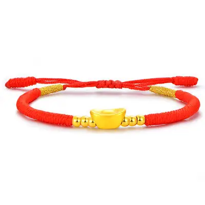

Solid 24K Yellow Gold Lucky Bracelet 3D Yuanbao Red Knitted Bracelet