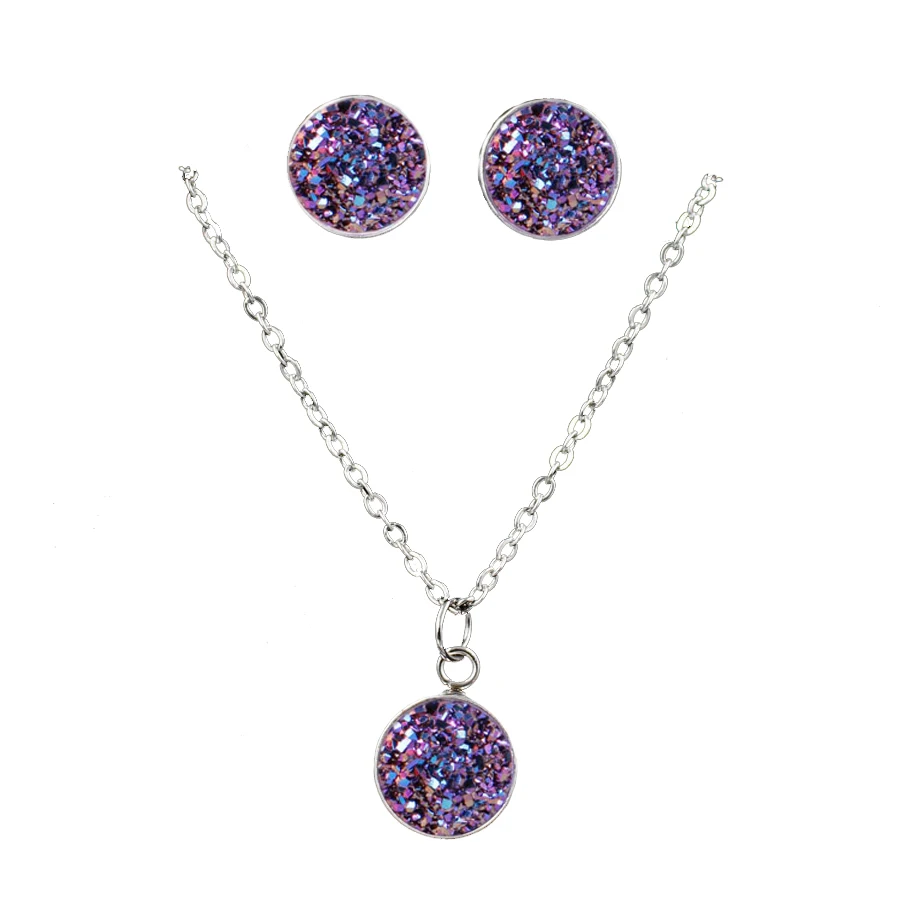 Три штуки модный Drusy круглый кулон ожерелье серьги антиаллергенные Bling Quatz Ювелирные наборы цепочка для вечеринки комплект с ушами