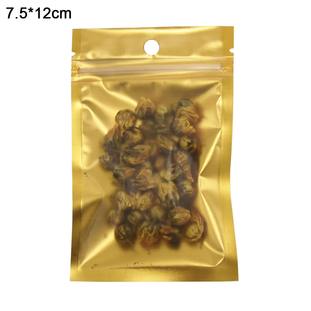 

7.5x12cm Self Seal Gold Matte Clear Plastic Zip Lock Package Bags Reclosable Aluminum Foil Ziplock Packing Bag with Hang Hole