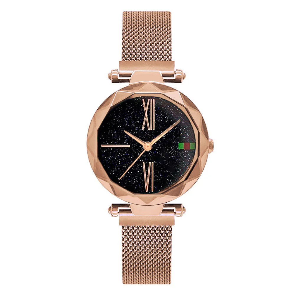 Rose Gold Роскошные часы звездного неба из розового золота Женские часы с черной магнитной пряжкой модные уникальные повседневные Элегантные Женские кварцевые наручные часы подарок - Цвет: Rose Gold