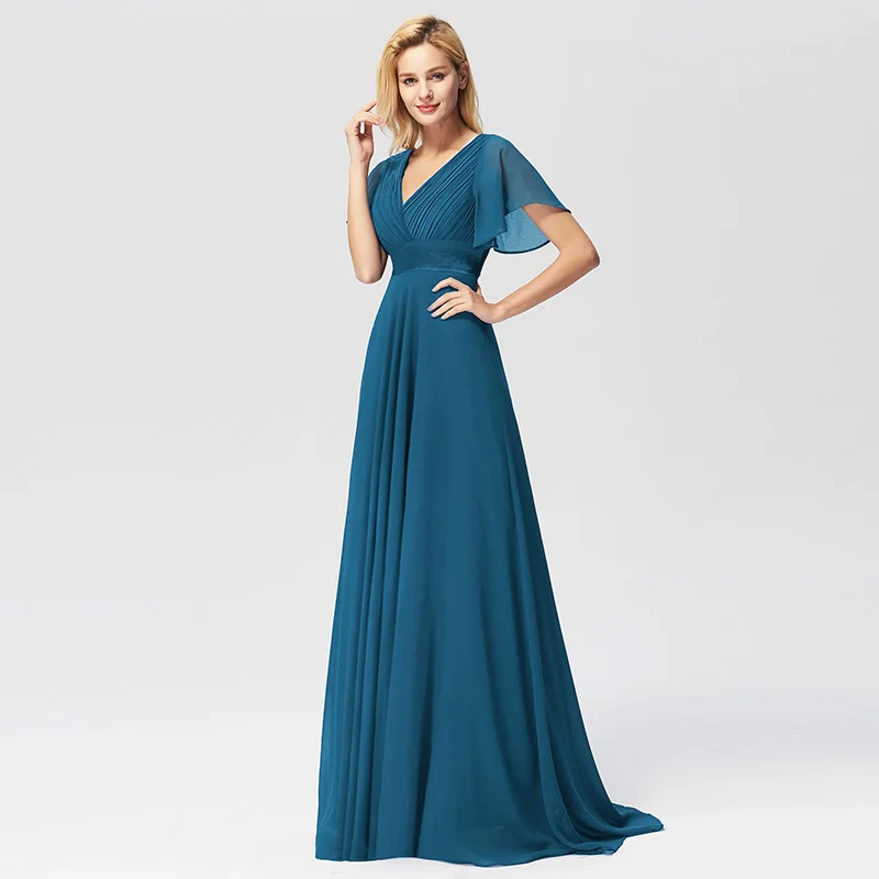 Teal Женские длинные вечерние платья из шифона, платье с подкладом и шлейфом, платья разных цветов с расклешенным рукавом для особых случаев, EP09890, лето - Цвет: Teal