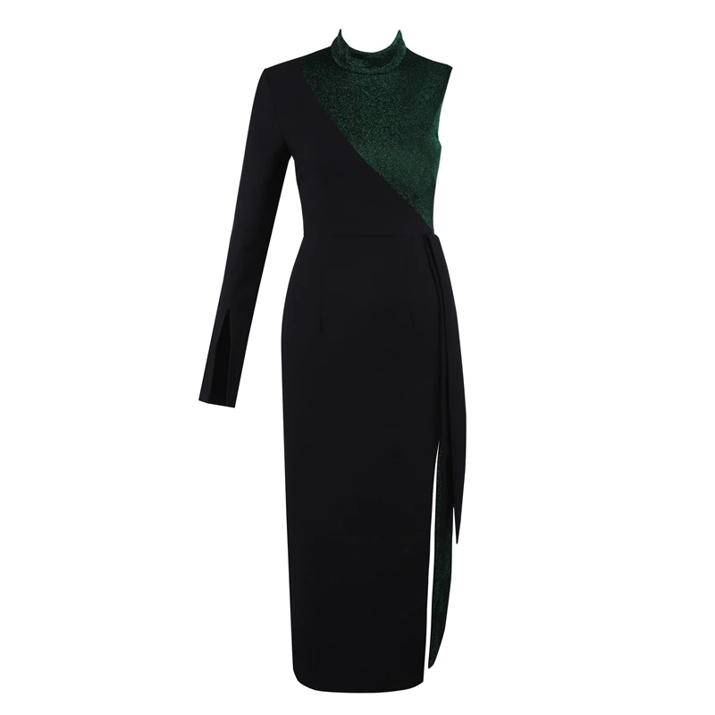 Женское асимметричное платье с поясом длиной до середины икры и блестками |