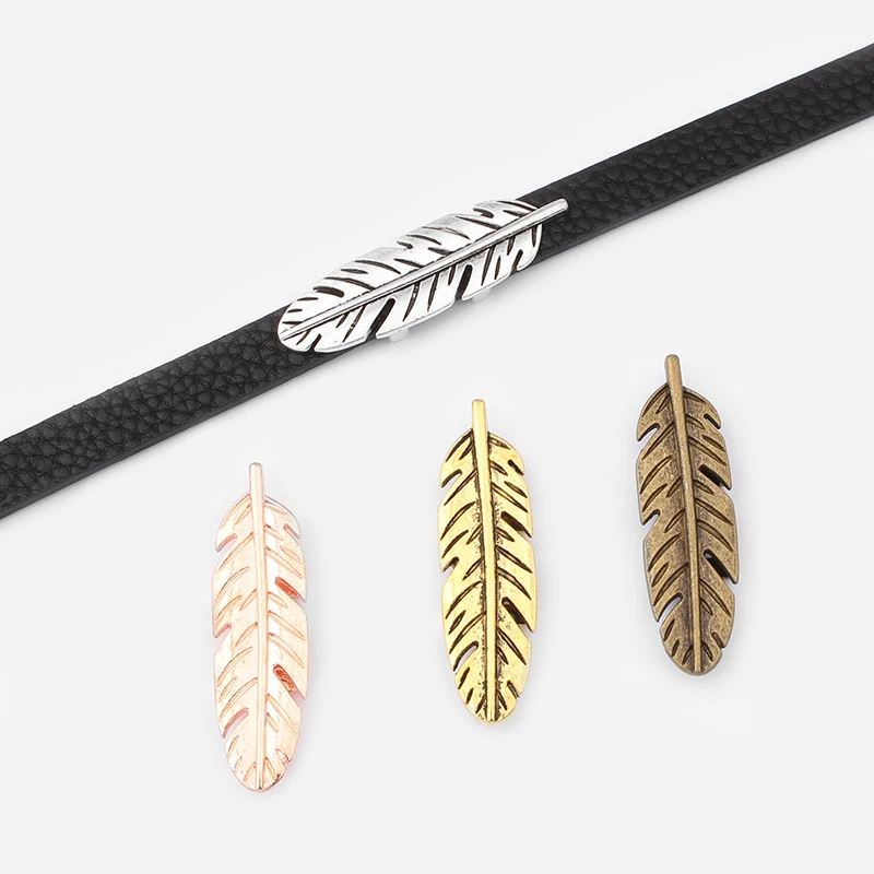 

5pcs Antique Brown/Silver Color Feather Holder Slider Charm Fit 10*2mm Flat Leather Cord Clasps Bracelet Jewelry Findings Making