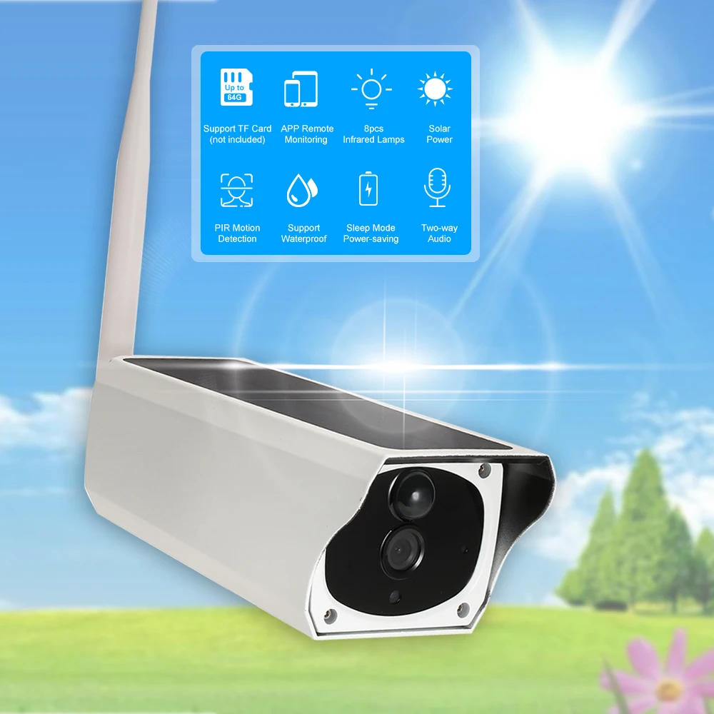 Беспроводная 1080P WiFi солнечная мощность пуля IP камера PIR Обнаружение движения
