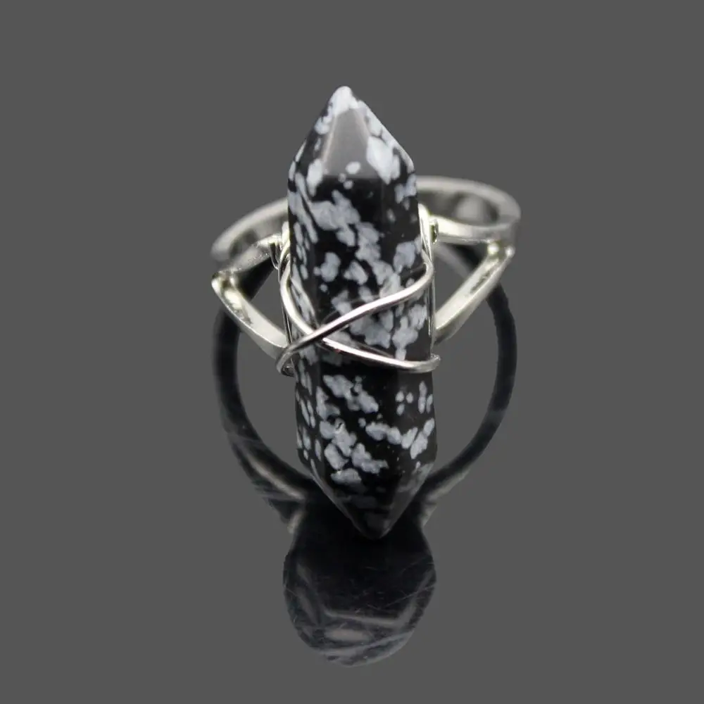 Snowflake Obsidian Натуральные аметисты Агаты кварц бирюза Опал Камень регулируемые кольца пуля шестиугольная бисером ручной работы проволока обернутая манжеты кольца - Цвет основного камня: Snowflake Obsidian