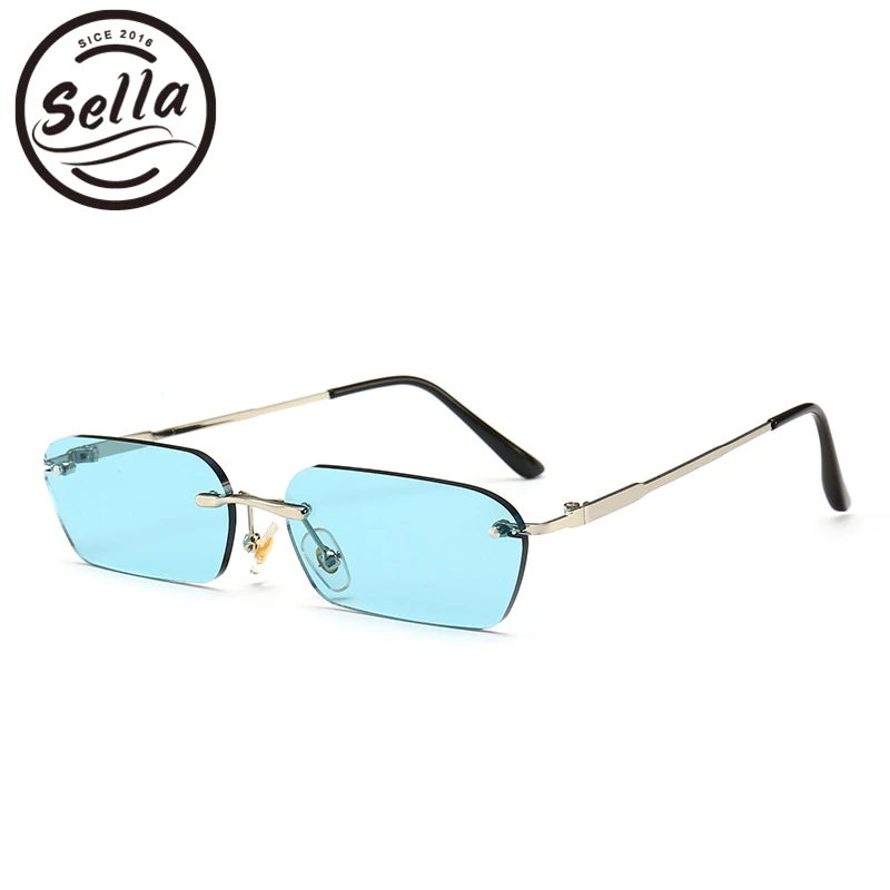 

Sella Trending Women Men Small Narrow Tint Lens Sunglasses Fashion Rimless Rectangle Pink Blue Yellow Lens Square Eyewear Shade