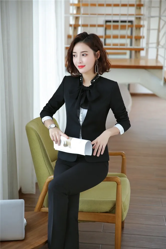 Модная Синяя Женская одежда для работы в офисе брючные костюмы с брюками и