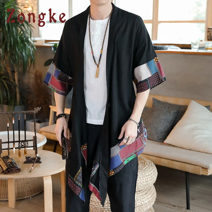 Zongke, хлопок, лен, китайское кимоно, рубашка для мужчин, длинное кимоно, кардиган, мужская рубашка, японское кимоно, Мужская блузка,, лето, Новинка