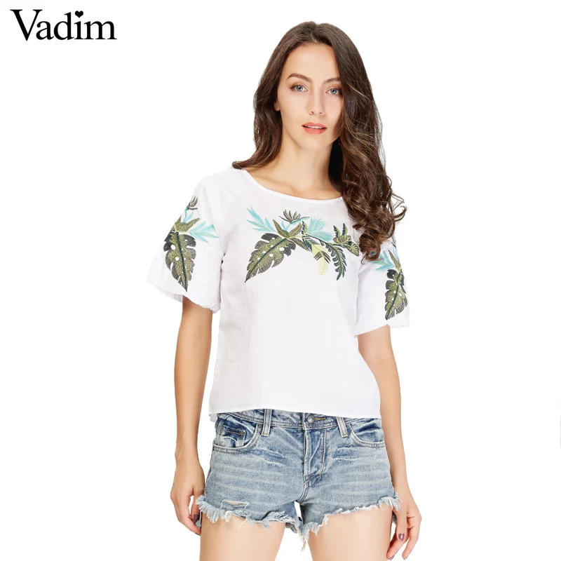 Женское элегантное платье vadim leaf embroidery, рубашки с коротким рукавом и круглым вырезом, белая блузка, женские летние повседневные топы, blusas mujer DT1071