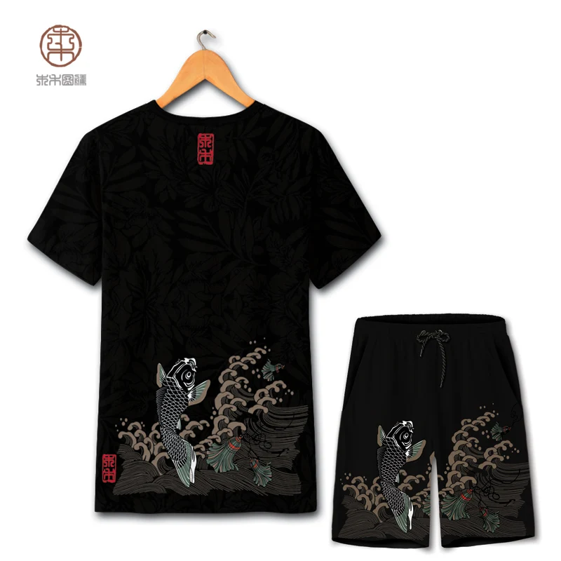 

Carp pattern national style printing fashion t shirt and shorts suit Summer 2018 New soft breathable top quality mens short sets