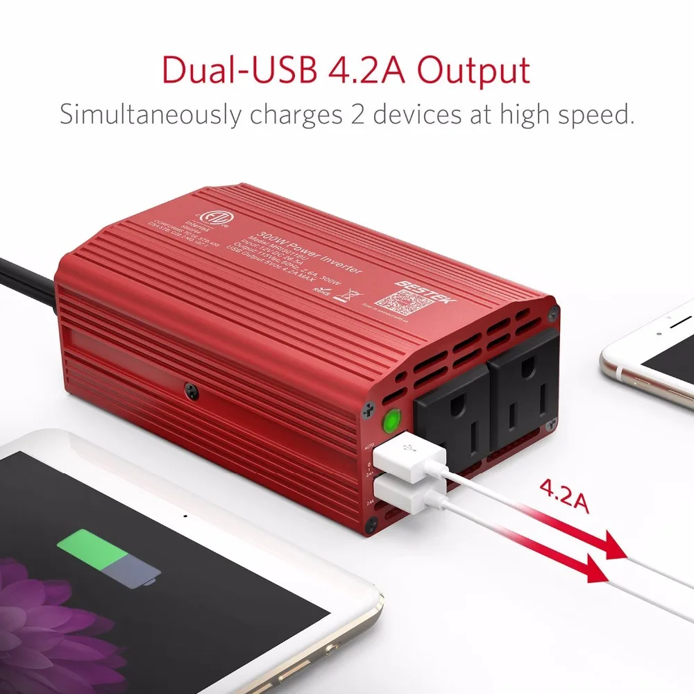 BESTEK 300 Вт автомобиля Мощность инвертор 12 В 110 60 Гц конвертер 4.2A Dual USB Usb Зарядное