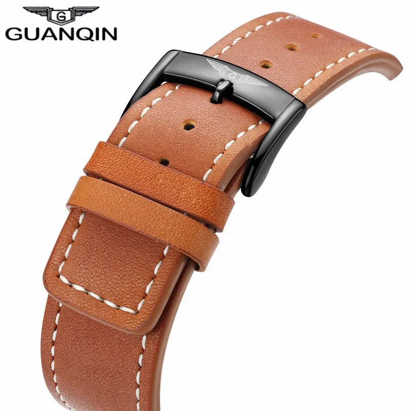 Мужские кварцевые часы GUANQIN спортивные наручные с кожаным ремешком Relogio Masculino