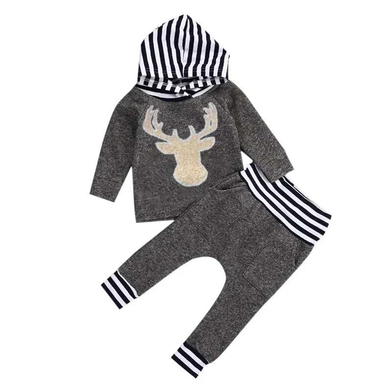 2016 Fashion Newborn Baby Boys Girls Warm Long Sleeve Deer Striped Hooded T-shirt +Long Patchwork Pants 2pcs Set | Детская одежда и