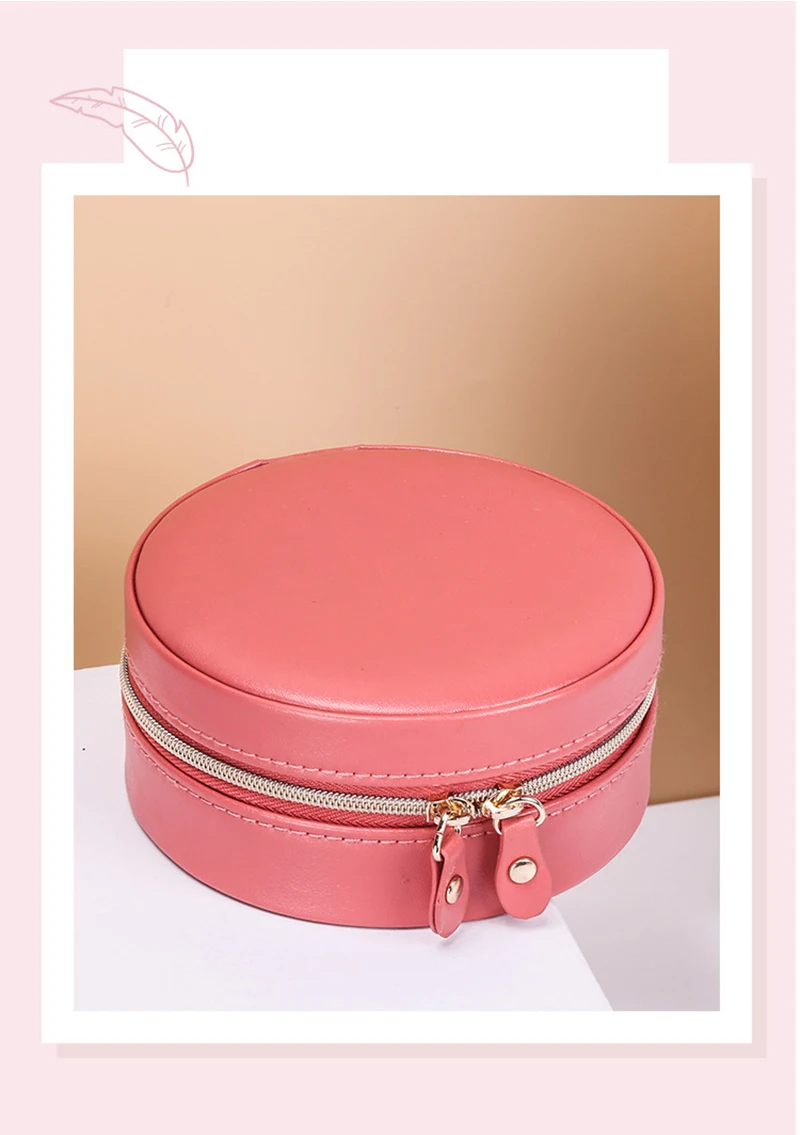 Portable Round Jewelry Box Travel Zipper PU Leather Jewellery Packaging Display Organizer Gift Box Earring Storage Carrying Case