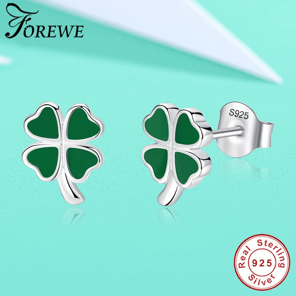 FOREWE Настоящее серебро 925 пробы серьги гвоздики Lucky Clover для женщин и девочек