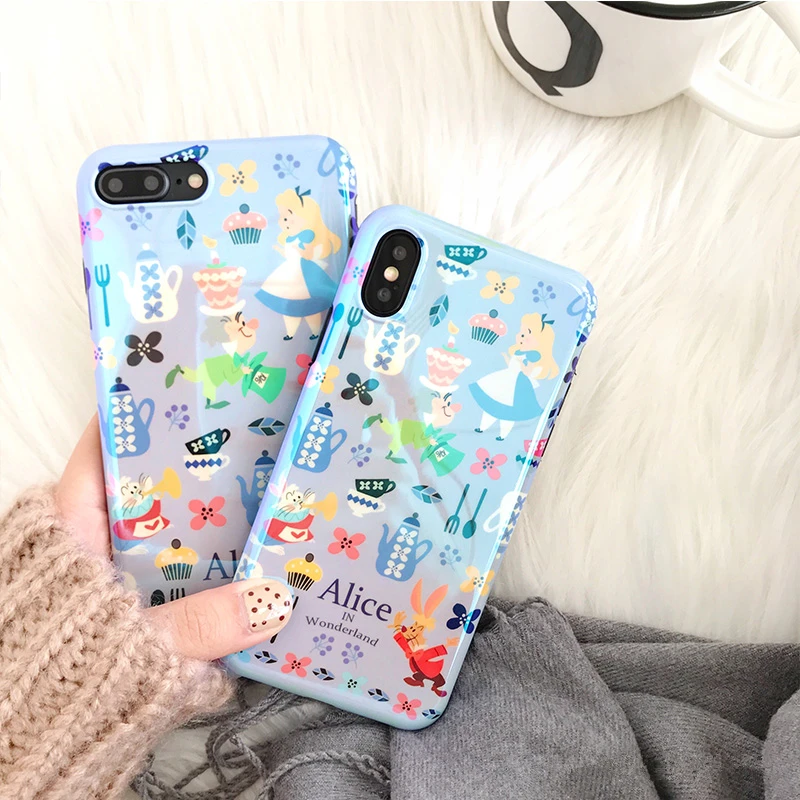 Милый Мультфильм Алиса в стране чудес синий луч чехол для iPhone X 7 Plus 8 plus мультфильм