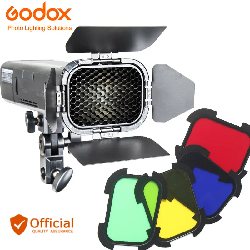 

Godox AD200 BD-07 выделенная дверь сарая со съемной сотовой сеткой и 4 цветными фильтрами (синий/красный/желтый/зеленый) для Godox AD200
