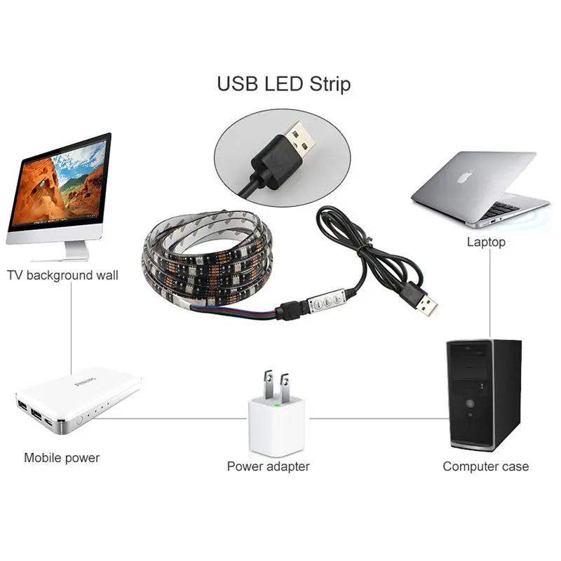 USB Светодиодная лента 5 в 5050 RGB теплый белый водонепроницаемый 1 м 2 с 3 клавишами