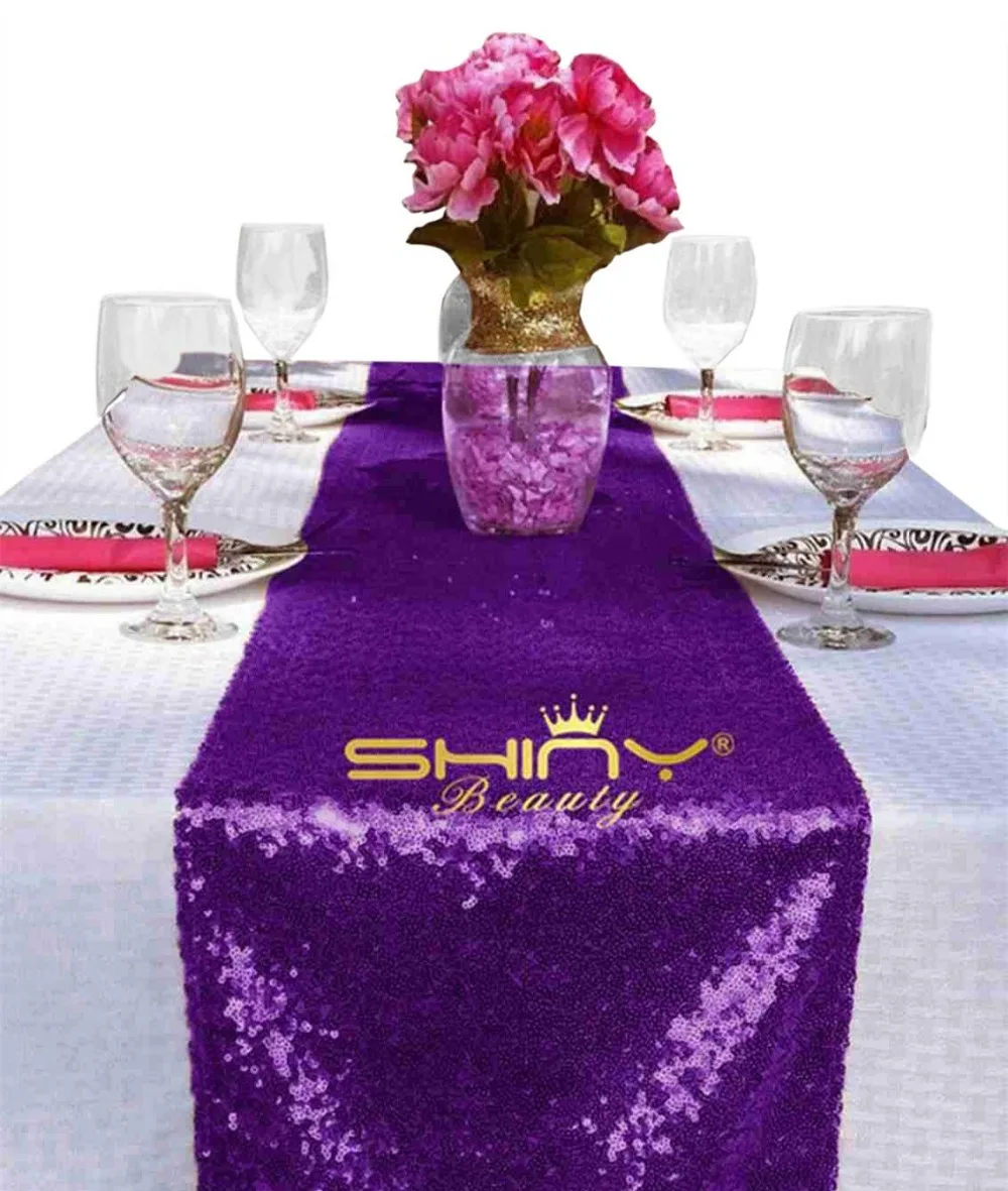 ShinyBeauty 12*108 дюймов-30*275 см высококачественные фиолетовые блестки настольная
