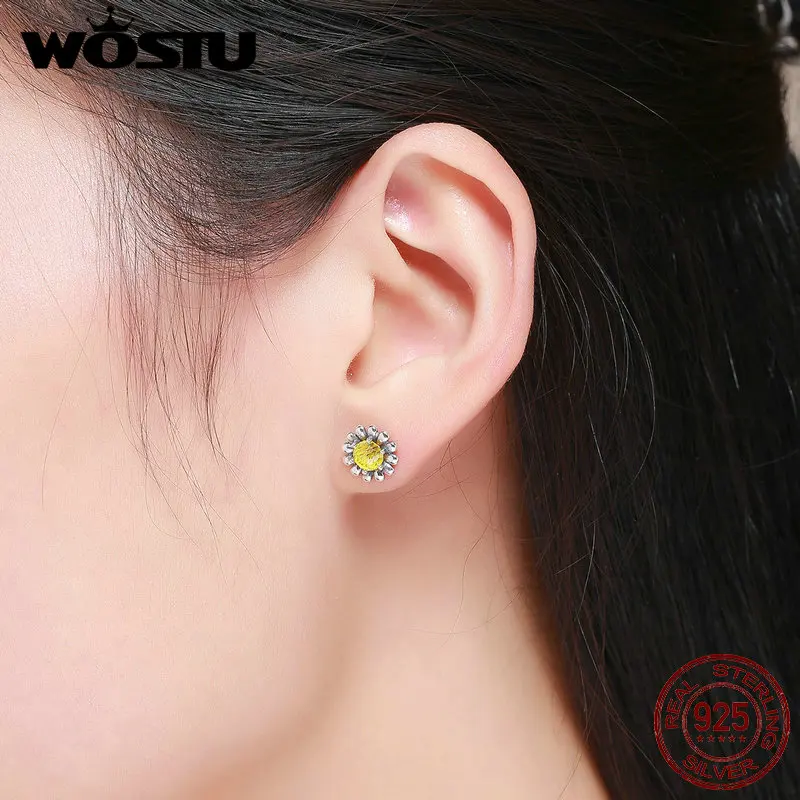 WOSTU новые трендовые 925 пробы серебряные желтая Маргаритка цветок серьги-гвоздики для женщин ювелирные изделия из серебра подарок на день рождения CQE255