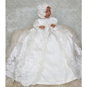 Платье детское кружевное длинное, Тюлевое, для крещения, с повязкой на голову, белое, цвета слоновой кости, для маленьких девочек