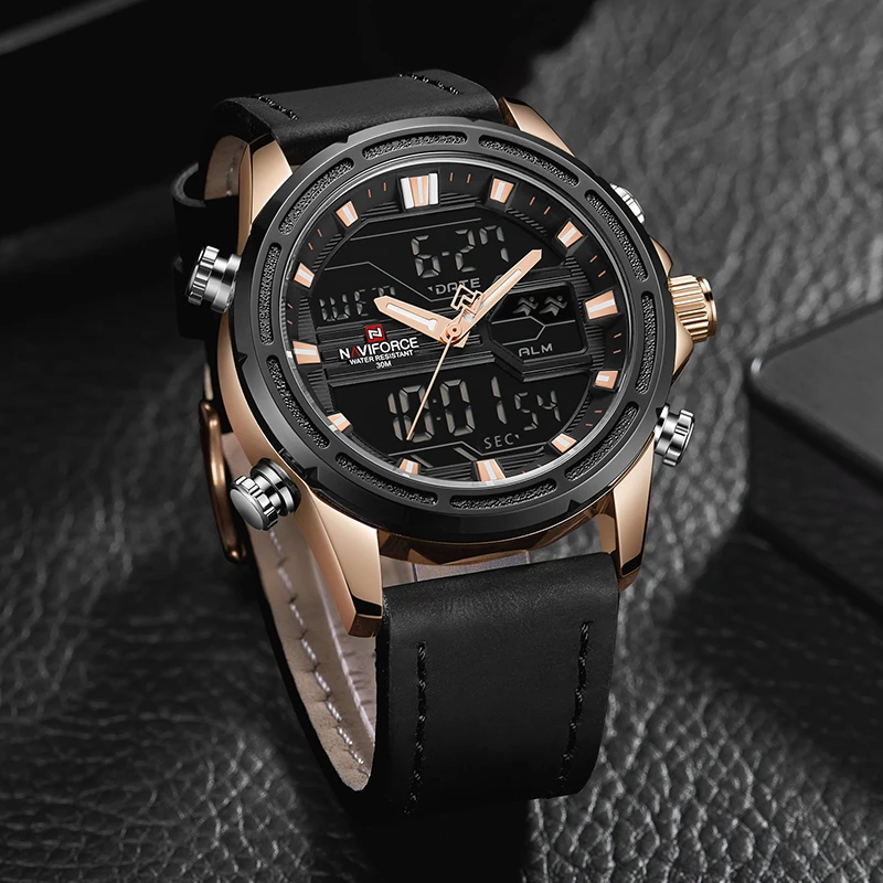 Топ люксовый бренд NAVIFORCE часы мужские модные спортивные часы Мужские Цифровые кварцевые часы кожаные военные водонепроницаемые наручные часы