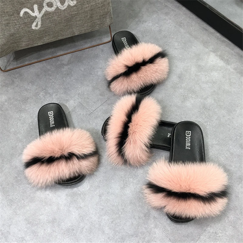 

Women Real Fur Slippers Fox Home Fluffy Sliders Comfort With Feathers Furry Summer Flats Sweet Ladies Shoes Fox Fur Flip Flops