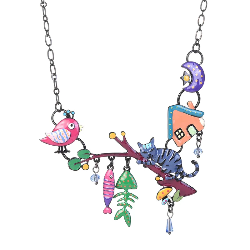 color 4 Комплект из модных женских Подвески милый кот рыбья кость заявление Цепочки и ожерелья эмаль очарование звено цепи Цепочки и ожерелья, украшения для женщин и девочек для вечерние Черная пятница - Окраска металла: color 4