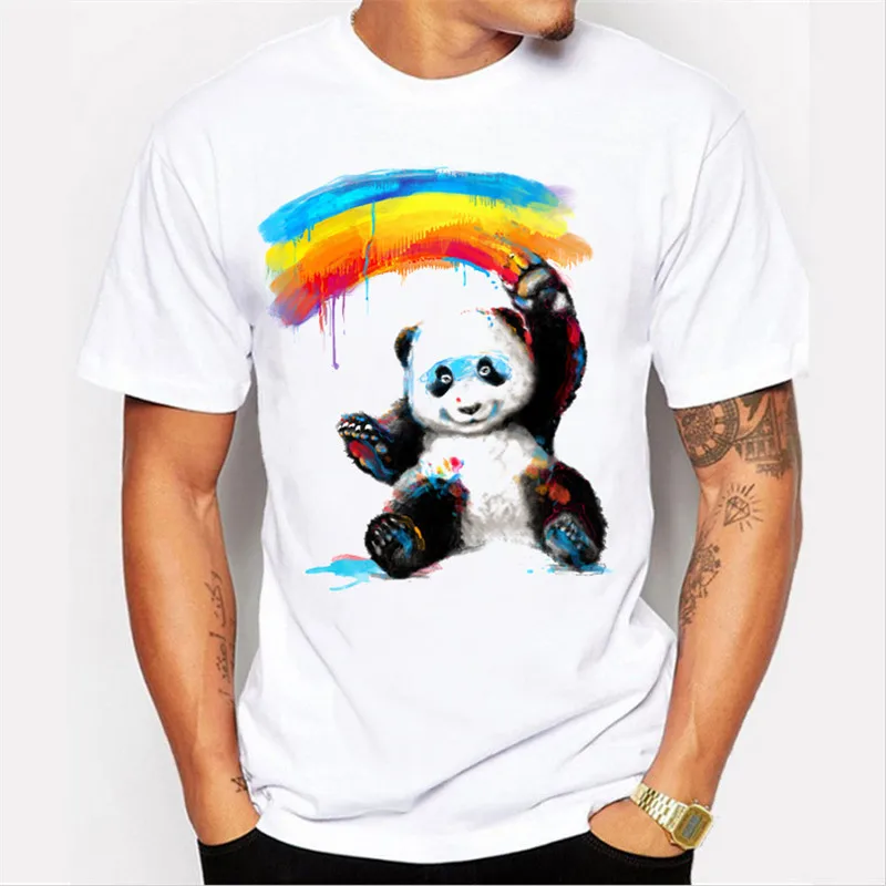 M224 Rainbow funny faces Panda T-shirt cotton Lycra top Fashion Brand t shirt men new DIY Style high quality | Мужская одежда