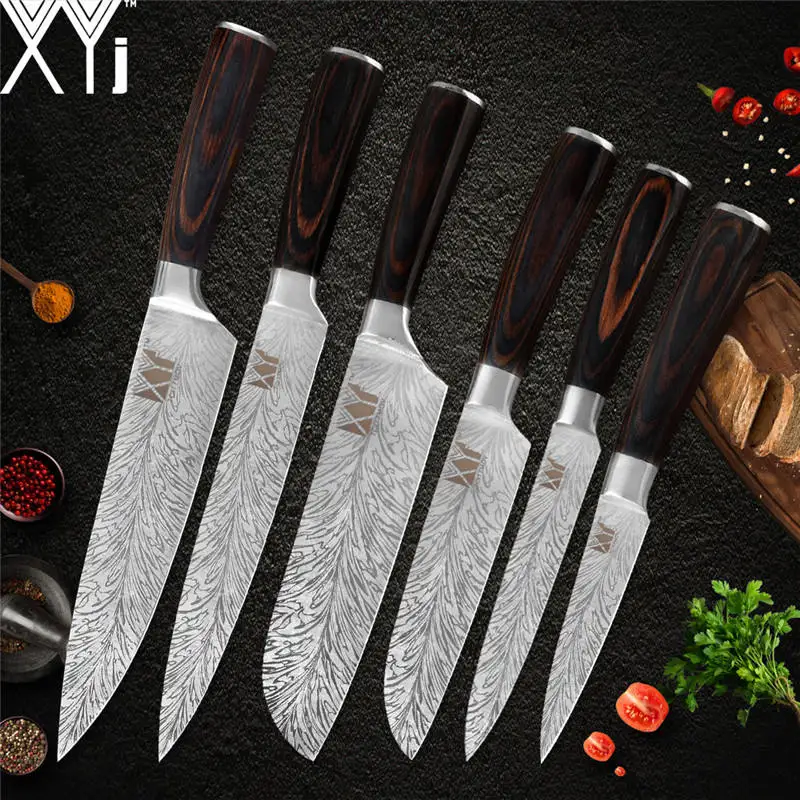C.6pcs set XYj набор кухонных ножей из нержавеющей стали с цветной деревянной ручкой 7cr17 острое лезвие, поварской нож, аксессуары для кухонных инструментов для отеля - Цвет: C.6pcs set