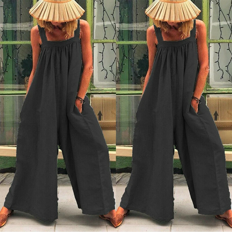 

Women Cotton Linen Scoop Neck Loose Jumpsuit Wide Leg Harem Pants Ladies Sleeveless Baggy Trousers Playsuit Overall Five Color
