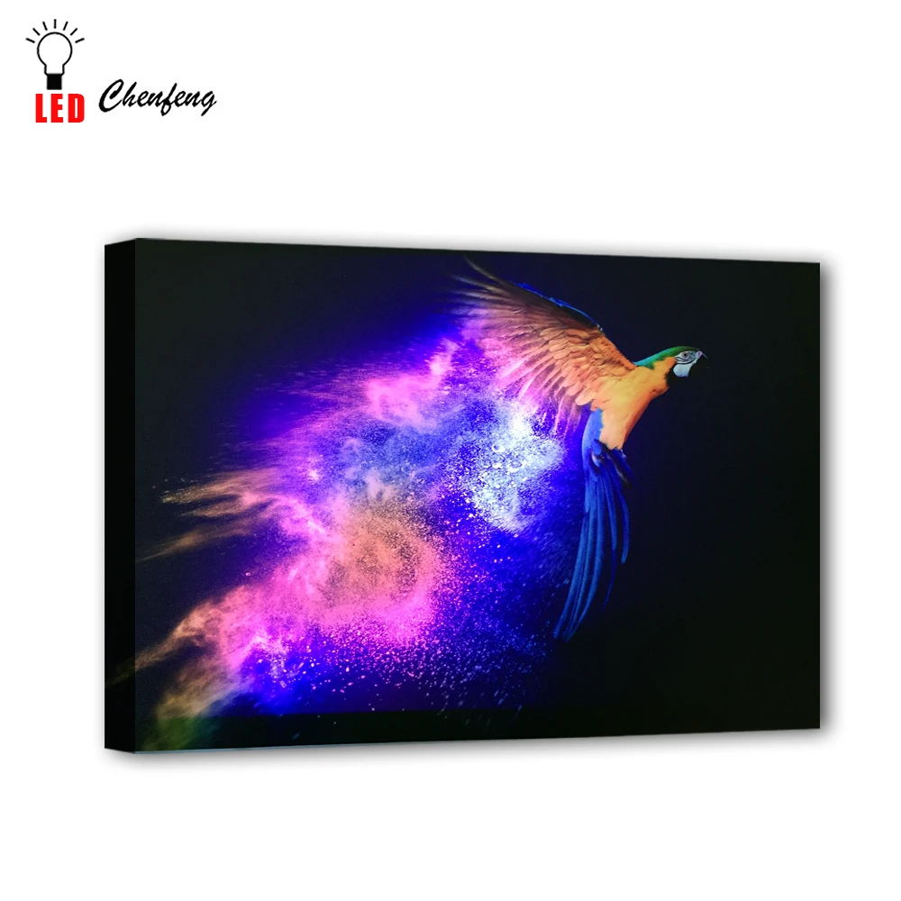 RGB светодиоды холст настенные декоративные летающие Красочные попугай фотографии птиц Печать на холсте с подсветкой картина освещенная подарок для детей