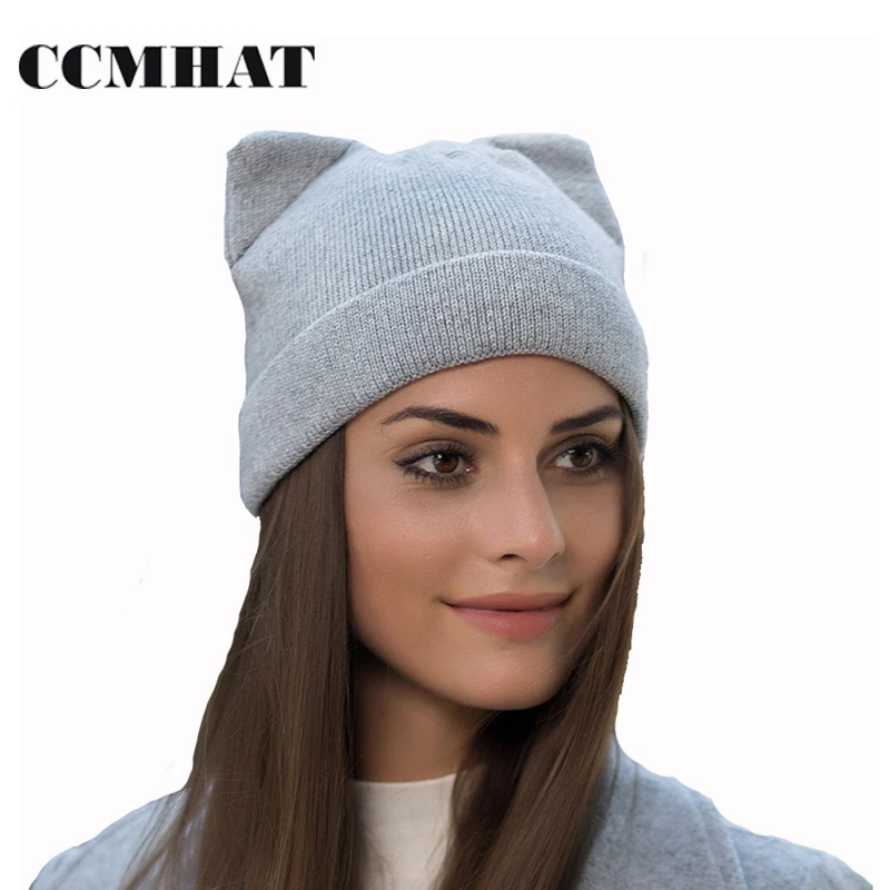 Ccmhat кошачьи уши Skullies шапочки для Для женщин шляпа Кепки зима теплая эластичность