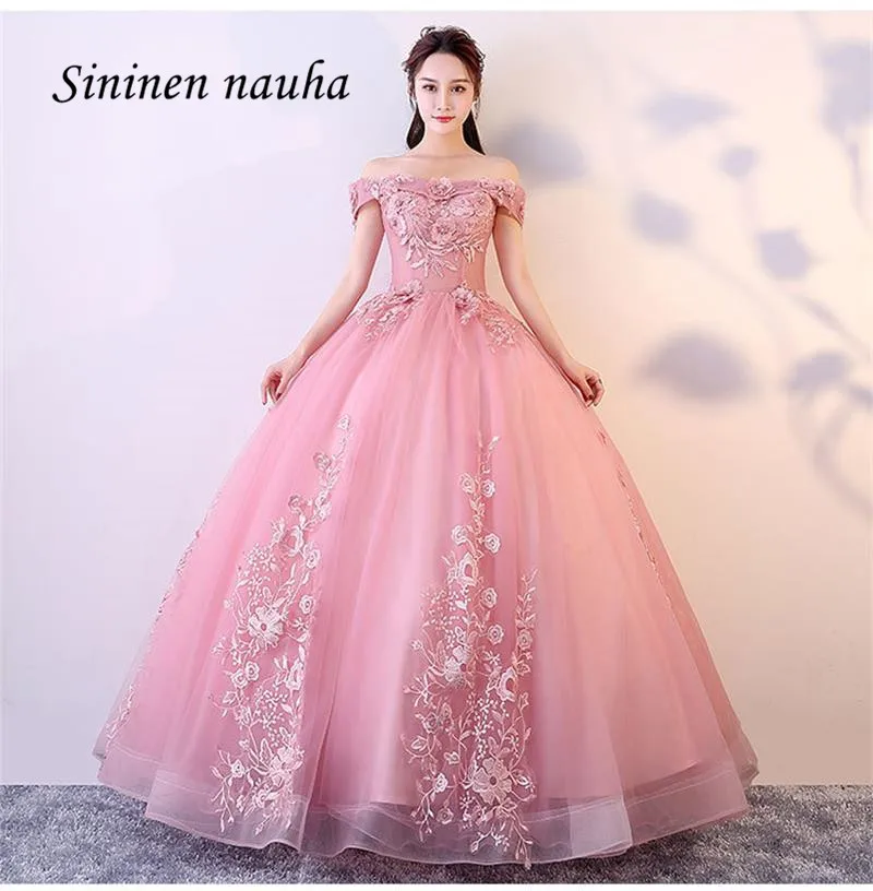 Розовые бальные платья Quinceanera с рукавами и открытыми плечами аппликацией Vestidos De 15