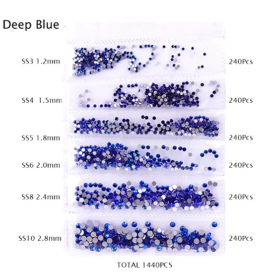 Deep Blue 1440 шт Стразы для дизайна ногтей, 6 размеров, ss3-ss10, плоская задняя часть, пламя AB, стекло, алмазный камень, 3D Шарм, сделай сам, украшение для дизайна ногтей TR025 - Цвет: Deep Blue
