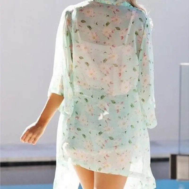 Для женщин Летний пляж цветочные Cover Up кардиган шифоновая рубашка с рукавами 3/4